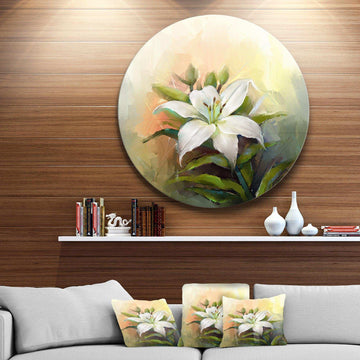 White Lily Flower Oil - Floral Metal Circle Wall Art